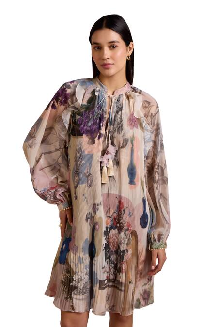 Shop Pankaj & Nidhi Multi Color Chiffon Mandarin Cora Botanic Print Accordion Pleated Short Dress Online at Aza Fashions Shop_Pankaj & Nidhi_Multi Color Chiffon Mandarin Cora Botanic Print Accordion Pleated Short Dress _Online_at_Aza_Fashions