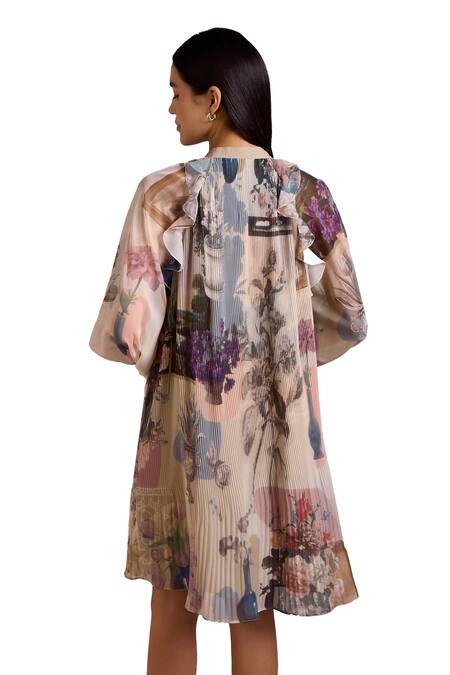 Pankaj & Nidhi Multi Color Chiffon Mandarin Cora Botanic Print Accordion Pleated Short Dress at Aza Fashions Pankaj & Nidhi_Multi Color Chiffon Mandarin Cora Botanic Print Accordion Pleated Short Dress _at_Aza_Fashions