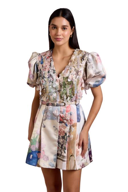 Pankaj & Nidhi Multi Color Silk Sequins Cora Persian Bloom Print Embellished Dress With Belt at Aza Fashions Pankaj & Nidhi_Multi Color Silk Sequins Cora Persian Bloom Print Embellished Dress With Belt _at_Aza_Fashions