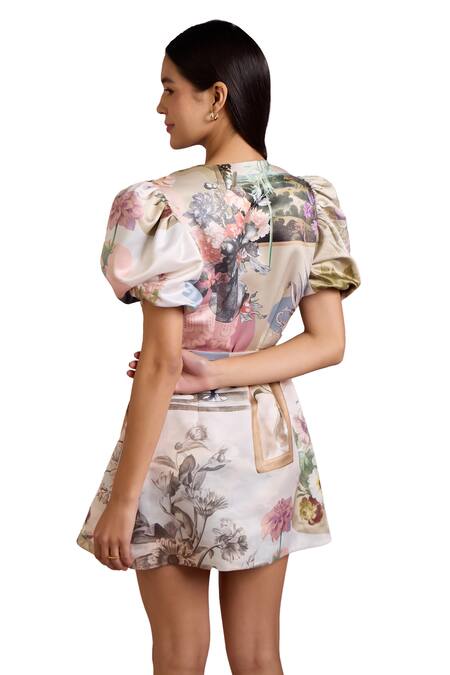 Buy Pankaj & Nidhi Multi Color Silk Sequins Cora Persian Bloom Print Embellished Dress With Belt Buy_Pankaj & Nidhi_Multi Color Silk Sequins Cora Persian Bloom Print Embellished Dress With Belt