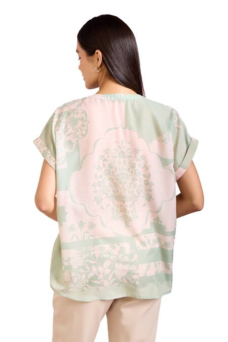 Pankaj & Nidhi Green Cotton, Silk Embroidery, Sequins Round Neck Cypress Floral Print Top at Aza Fashions Pankaj & Nidhi_Green Cotton, Silk Embroidery, Sequins Round Neck Cypress Floral Print Top _at_Aza_Fashions