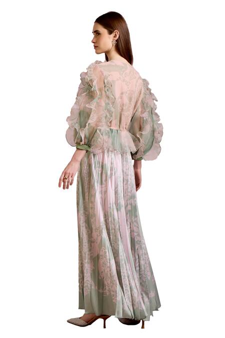 Pankaj & Nidhi Green Organza, Satin Embroidery, Sequins V-neck Cypress Floral Print Maxi Dress at Aza Fashions Pankaj & Nidhi_Green Organza, Satin Embroidery, Sequins V-neck Cypress Floral Print Maxi Dress _at_Aza_Fashions