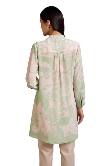 Pankaj & Nidhi_Green Silk, Crepe Embroidery, Applique Mandarin Cypress Floral Print Kurta _at_Aza_Fashions