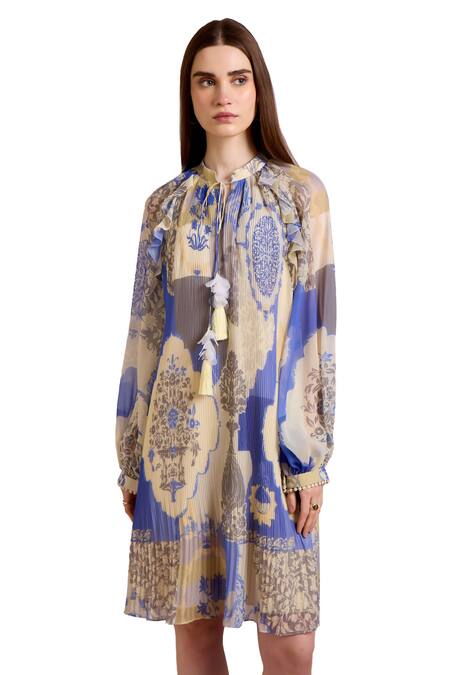 Shop Pankaj & Nidhi Yellow Chiffon Tassels Keyhole Neck Mughal Floral Print Dress Online at Aza Fashions Shop_Pankaj & Nidhi_Yellow Chiffon Tassels Keyhole Neck Mughal Floral Print Dress _Online_at_Aza_Fashions