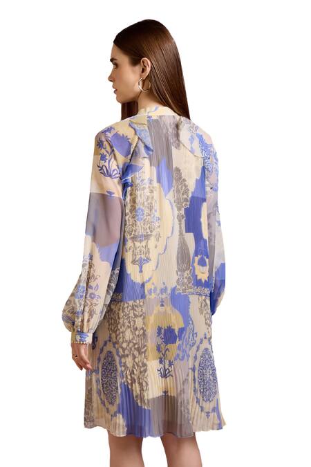 Pankaj & Nidhi Yellow Chiffon Tassels Keyhole Neck Mughal Floral Print Dress at Aza Fashions Pankaj & Nidhi_Yellow Chiffon Tassels Keyhole Neck Mughal Floral Print Dress _at_Aza_Fashions