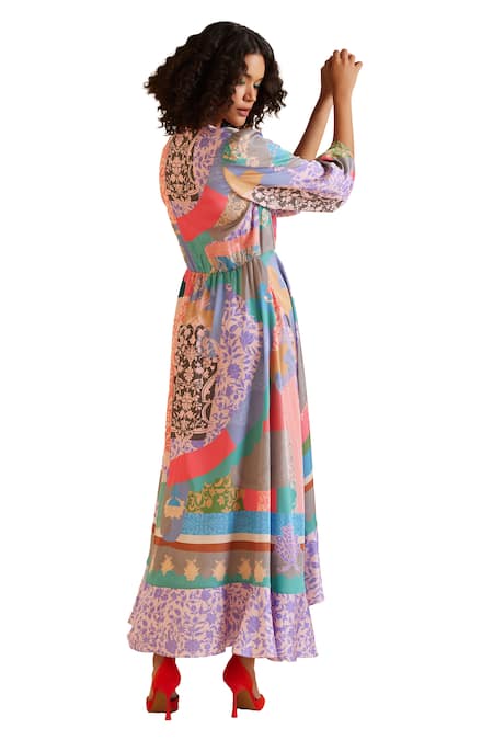 Buy_Pankaj & Nidhi_Multi Color Satin V-neck Ornament Floral Print Frill Dress 