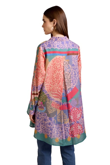 Shop Pankaj & Nidhi Multi Color Cotton, Silk Sequins Collared Ornament Floral Print High Low Shirt Online at Aza Fashions Shop_Pankaj & Nidhi_Multi Color Cotton, Silk Sequins Collared Ornament Floral Print High Low Shirt _Online_at_Aza_Fashions