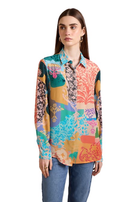 Shop Pankaj & Nidhi Multi Color Silk, Crepe Cut Work, Sequins Collared Ornament Garden Print Shirt Online at Aza Fashions Shop_Pankaj & Nidhi_Multi Color Silk, Crepe Cut Work, Sequins Collared Ornament Garden Print Shirt _Online_at_Aza_Fashions