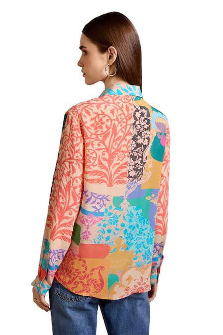 Pankaj & Nidhi Multi Color Silk, Crepe Cut Work, Sequins Collared Ornament Garden Print Shirt at Aza Fashions Pankaj & Nidhi_Multi Color Silk, Crepe Cut Work, Sequins Collared Ornament Garden Print Shirt _at_Aza_Fashions