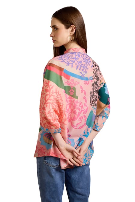 Pankaj & Nidhi Multi Color Cotton, Silk Embroidery Bandeau Neck Ornament Flower Print Shirt at Aza Fashions Pankaj & Nidhi_Multi Color Cotton, Silk Embroidery Bandeau Neck Ornament Flower Print Shirt _at_Aza_Fashions