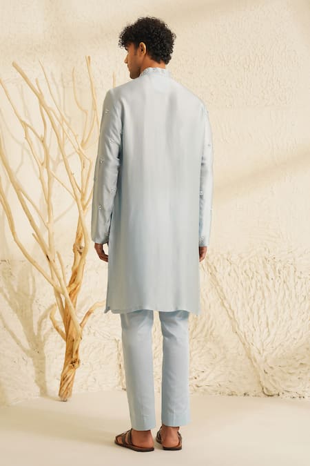 Shop Shreyansh Designs Blue Chanderi Silk Embroidery Nishk Floral Thread Kurta Set at Aza Fashions Shop_Shreyansh Designs_Blue Chanderi Silk Embroidery Nishk Floral Thread Kurta Set _at_Aza_Fashions