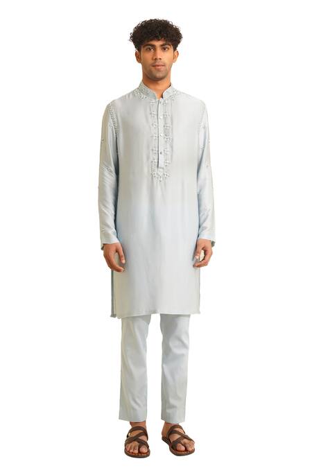 Buy Shreyansh Designs Blue Chanderi Silk Embroidery Nishk Floral Thread Kurta Set Online at Aza Fashions Buy_Shreyansh Designs_Blue Chanderi Silk Embroidery Nishk Floral Thread Kurta Set _Online_at_Aza_Fashions