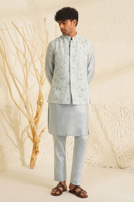 Shreyansh Designs Blue Dupion Silk Embroidery Thread Neer Bundi And Kurta Set 