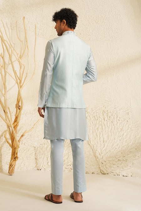 Shop Shreyansh Designs Blue Dupion Silk Embroidery Thread Powder Bundi And Kurta Set at Aza Fashions Shop_Shreyansh Designs_Blue Dupion Silk Embroidery Thread Powder Bundi And Kurta Set _at_Aza_Fashions