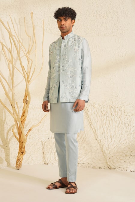 Shreyansh Designs Blue Dupion Silk Embroidery Thread Powder Bundi And Kurta Set Online at Aza Fashions Shreyansh Designs_Blue Dupion Silk Embroidery Thread Powder Bundi And Kurta Set _Online_at_Aza_Fashions
