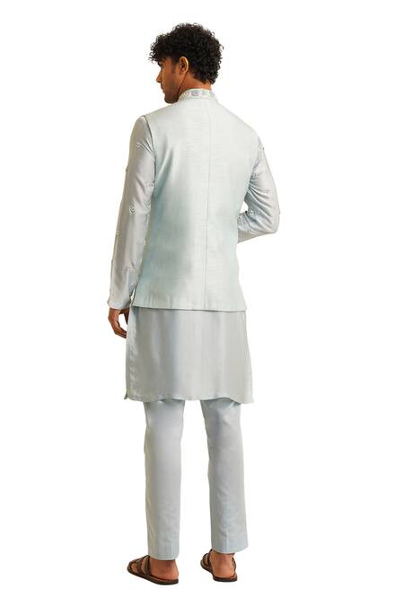 Buy Shreyansh Designs Blue Dupion Silk Embroidery Thread Powder Bundi And Kurta Set Online at Aza Fashions Buy_Shreyansh Designs_Blue Dupion Silk Embroidery Thread Powder Bundi And Kurta Set _Online_at_Aza_Fashions