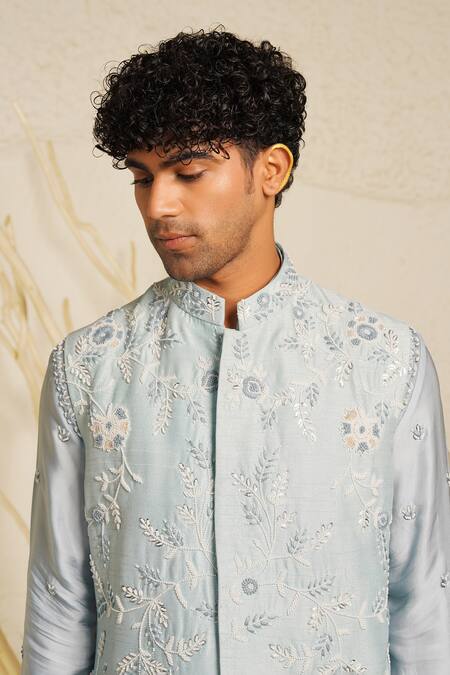 Buy Shreyansh Designs Blue Dupion Silk Embroidery Thread Powder Bundi And Kurta Set Buy_Shreyansh Designs_Blue Dupion Silk Embroidery Thread Powder Bundi And Kurta Set