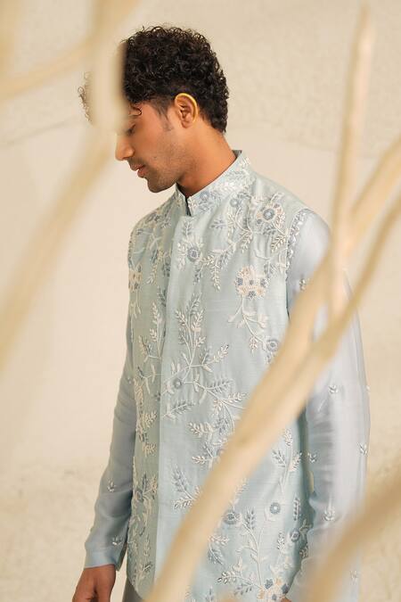 Shop Shreyansh Designs Blue Dupion Silk Embroidery Thread Powder Bundi And Kurta Set Shop_Shreyansh Designs_Blue Dupion Silk Embroidery Thread Powder Bundi And Kurta Set