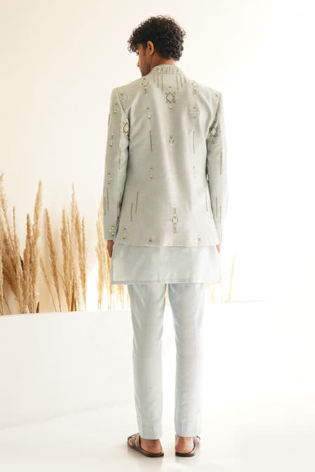 Shop Shreyansh Designs Blue Silk Zari, Mirrors, Beads Tarush Embroidered Jacket And Kurta Set at Aza Fashions Shop_Shreyansh Designs_Blue Silk Zari, Mirrors, Beads Tarush Embroidered Jacket And Kurta Set _at_Aza_Fashions