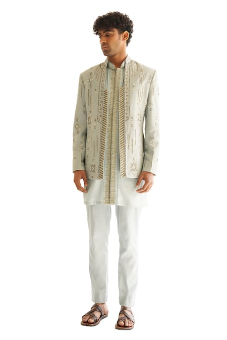 Buy Shreyansh Designs Blue Silk Zari, Mirrors, Beads Tarush Embroidered Jacket And Kurta Set Online at Aza Fashions Buy_Shreyansh Designs_Blue Silk Zari, Mirrors, Beads Tarush Embroidered Jacket And Kurta Set _Online_at_Aza_Fashions
