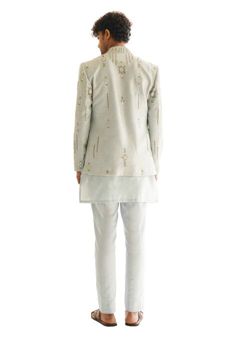 Shop Shreyansh Designs Blue Silk Zari, Mirrors, Beads Tarush Embroidered Jacket And Kurta Set Online at Aza Fashions Shop_Shreyansh Designs_Blue Silk Zari, Mirrors, Beads Tarush Embroidered Jacket And Kurta Set _Online_at_Aza_Fashions