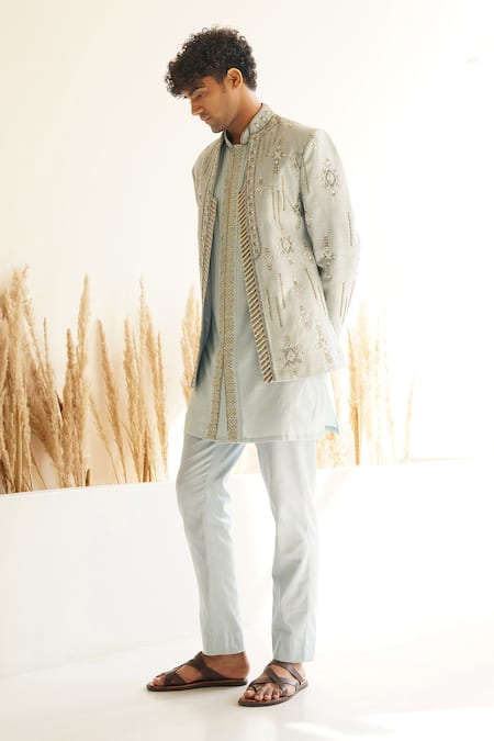 Shreyansh Designs Blue Silk Zari, Mirrors, Beads Tarush Embroidered Jacket And Kurta Set at Aza Fashions Shreyansh Designs_Blue Silk Zari, Mirrors, Beads Tarush Embroidered Jacket And Kurta Set _at_Aza_Fashions