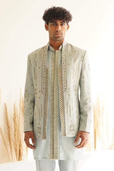Buy Shreyansh Designs Blue Silk Zari, Mirrors, Beads Tarush Embroidered Jacket And Kurta Set Buy_Shreyansh Designs_Blue Silk Zari, Mirrors, Beads Tarush Embroidered Jacket And Kurta Set