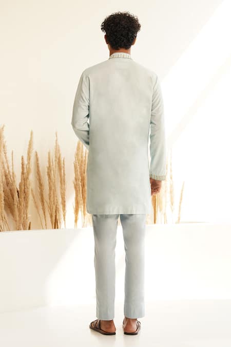 Shop Shreyansh Designs Blue Chanderi Silk Cut Work Tarsh Placket Embroidered Kurta Set at Aza Fashions Shop_Shreyansh Designs_Blue Chanderi Silk Cut Work Tarsh Placket Embroidered Kurta Set _at_Aza_Fashions