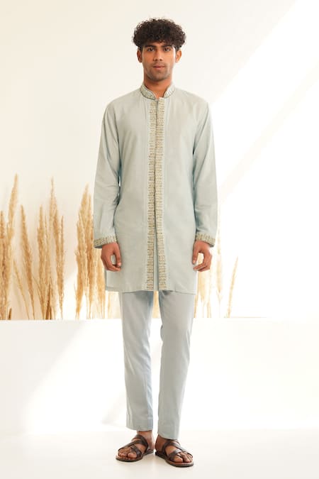 Shreyansh Designs Blue Chanderi Silk Cut Work Tarsh Placket Embroidered Kurta Set Online at Aza Fashions Shreyansh Designs_Blue Chanderi Silk Cut Work Tarsh Placket Embroidered Kurta Set _Online_at_Aza_Fashions