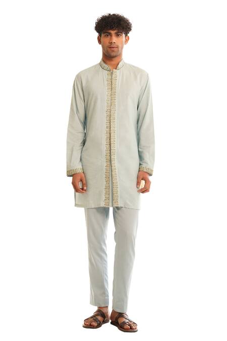 Shop Shreyansh Designs Blue Chanderi Silk Cut Work Tarsh Placket Embroidered Kurta Set Online at Aza Fashions Shop_Shreyansh Designs_Blue Chanderi Silk Cut Work Tarsh Placket Embroidered Kurta Set _Online_at_Aza_Fashions