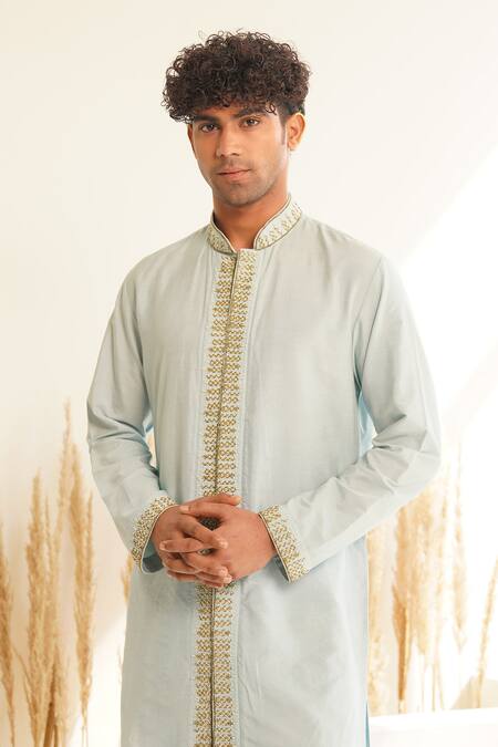 Buy Shreyansh Designs Blue Chanderi Silk Cut Work Tarsh Placket Embroidered Kurta Set Buy_Shreyansh Designs_Blue Chanderi Silk Cut Work Tarsh Placket Embroidered Kurta Set