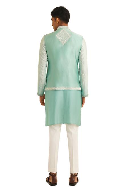 Shreyansh Designs Blue Dupion Silk Embroidery Mirror Cyan Bundi And Kurta Set Online at Aza Fashions Shreyansh Designs_Blue Dupion Silk Embroidery Mirror Cyan Bundi And Kurta Set _Online_at_Aza_Fashions