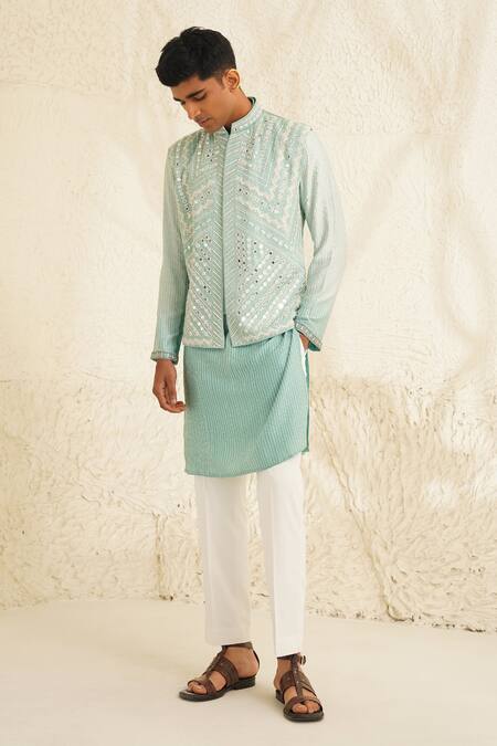 Buy Shreyansh Designs Blue Dupion Silk Embroidery Mirror Cyan Bundi And Kurta Set Online at Aza Fashions Buy_Shreyansh Designs_Blue Dupion Silk Embroidery Mirror Cyan Bundi And Kurta Set _Online_at_Aza_Fashions