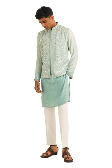 Shreyansh Designs Blue Dupion Silk Embroidery Mirror Cyan Bundi And Kurta Set at Aza Fashions Shreyansh Designs_Blue Dupion Silk Embroidery Mirror Cyan Bundi And Kurta Set _at_Aza_Fashions
