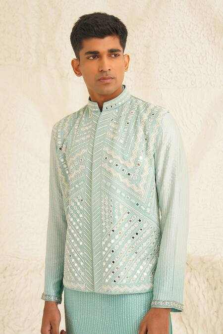 Buy Shreyansh Designs Blue Dupion Silk Embroidery Mirror Cyan Bundi And Kurta Set Buy_Shreyansh Designs_Blue Dupion Silk Embroidery Mirror Cyan Bundi And Kurta Set