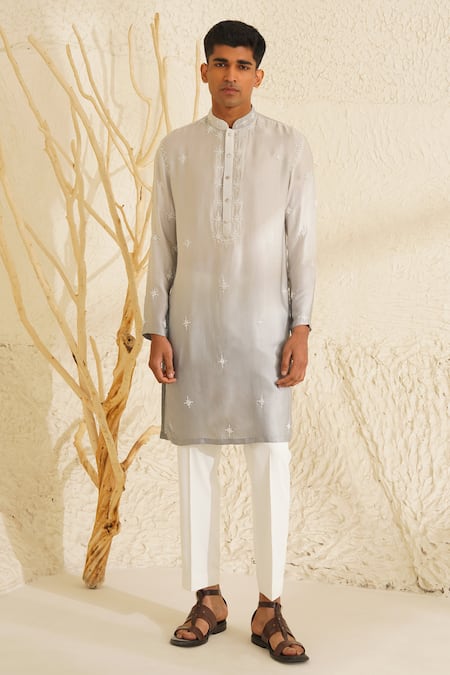 Shreyansh Designs Grey Dupion Silk Embroidery Bead Kanishk Placement Kurta Set 