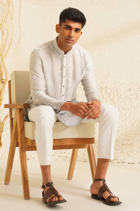 Shop Shreyansh Designs Grey Silk, Cotton Sequins, Beads Kanishk Placement Embroidered Kurta Set Shop_Shreyansh Designs_Grey Silk, Cotton Sequins, Beads Kanishk Placement Embroidered Kurta Set