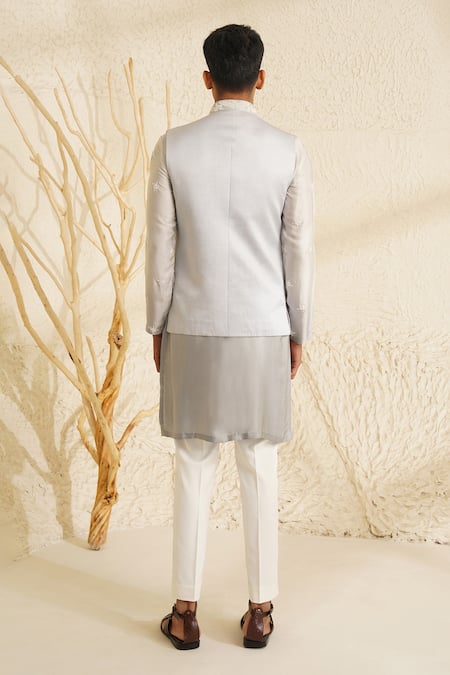 Shop Shreyansh Designs Gray Dupion Silk Embroidery Bead Floral Bundi And Kurta Set at Aza Fashions Shop_Shreyansh Designs_Gray Dupion Silk Embroidery Bead Floral Bundi And Kurta Set _at_Aza_Fashions