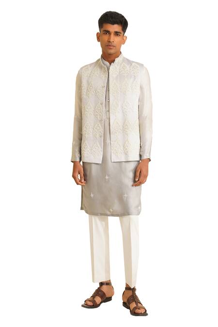 Buy Shreyansh Designs Gray Dupion Silk Embroidery Bead Floral Bundi And Kurta Set Online at Aza Fashions Buy_Shreyansh Designs_Gray Dupion Silk Embroidery Bead Floral Bundi And Kurta Set _Online_at_Aza_Fashions