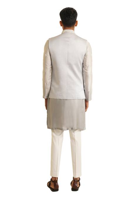 Shop Shreyansh Designs Gray Dupion Silk Embroidery Bead Floral Bundi And Kurta Set Online at Aza Fashions Shop_Shreyansh Designs_Gray Dupion Silk Embroidery Bead Floral Bundi And Kurta Set _Online_at_Aza_Fashions