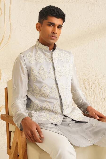 Shop Shreyansh Designs Gray Dupion Silk Embroidery Bead Floral Bundi And Kurta Set Shop_Shreyansh Designs_Gray Dupion Silk Embroidery Bead Floral Bundi And Kurta Set