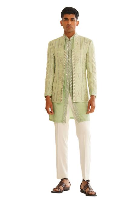 Shop Shreyansh Designs Green Dupion Silk Embroidery Bead Floral Pista Bundi Set Online at Aza Fashions Shop_Shreyansh Designs_Green Dupion Silk Embroidery Bead Floral Pista Bundi Set _Online_at_Aza_Fashions