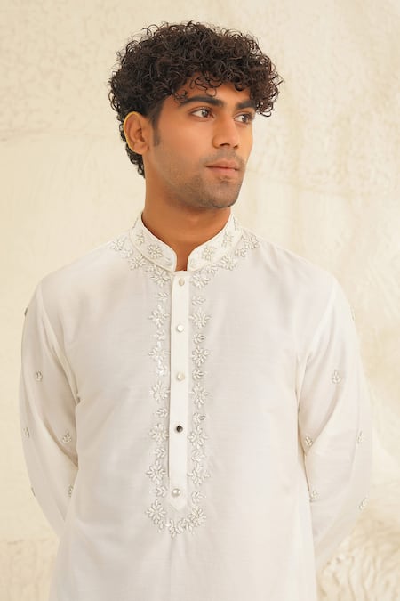 Buy Shreyansh Designs White Silk, Cotton Sequins, Beads Samyak Placket Embroidered Kurta Set Buy_Shreyansh Designs_White Silk, Cotton Sequins, Beads Samyak Placket Embroidered Kurta Set