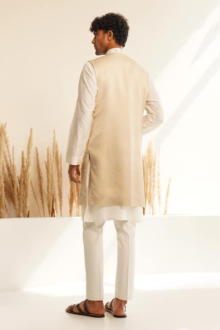 Shop Shreyansh Designs Beige Dupion Silk Embroidery Bead Bundi And Kurta Set at Aza Fashions Shop_Shreyansh Designs_Beige Dupion Silk Embroidery Bead Bundi And Kurta Set _at_Aza_Fashions