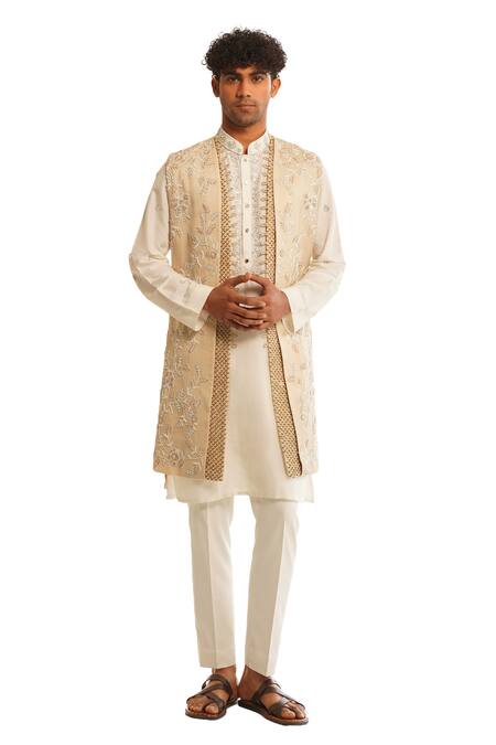 Buy Shreyansh Designs Beige Dupion Silk Embroidery Bead Bundi And Kurta Set Online at Aza Fashions Buy_Shreyansh Designs_Beige Dupion Silk Embroidery Bead Bundi And Kurta Set _Online_at_Aza_Fashions