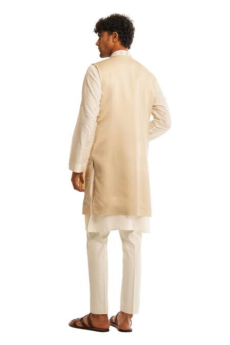 Shop Shreyansh Designs Beige Dupion Silk Embroidery Bead Bundi And Kurta Set Online at Aza Fashions Shop_Shreyansh Designs_Beige Dupion Silk Embroidery Bead Bundi And Kurta Set _Online_at_Aza_Fashions