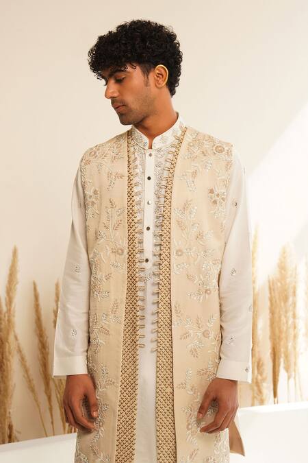 Shreyansh Designs Beige Dupion Silk Embroidery Bead Bundi And Kurta Set at Aza Fashions Shreyansh Designs_Beige Dupion Silk Embroidery Bead Bundi And Kurta Set _at_Aza_Fashions
