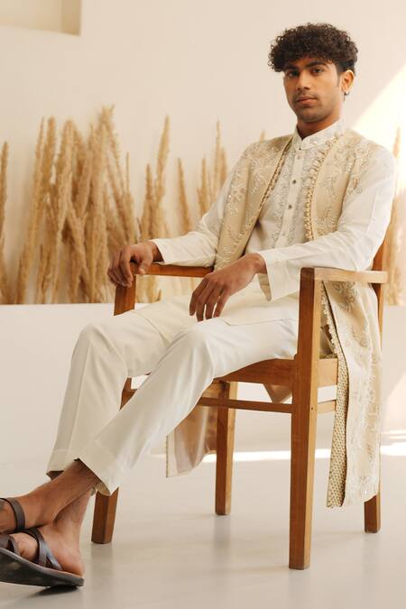 Shop Shreyansh Designs Beige Dupion Silk Embroidery Bead Bundi And Kurta Set Shop_Shreyansh Designs_Beige Dupion Silk Embroidery Bead Bundi And Kurta Set