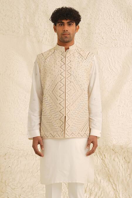 Buy Shreyansh Designs Off White Dupion Silk Embroidery Cutdana Chevron Bundi And Kurta Set Online at Aza Fashions Buy_Shreyansh Designs_Off White Dupion Silk Embroidery Cutdana Chevron Bundi And Kurta Set _Online_at_Aza_Fashions