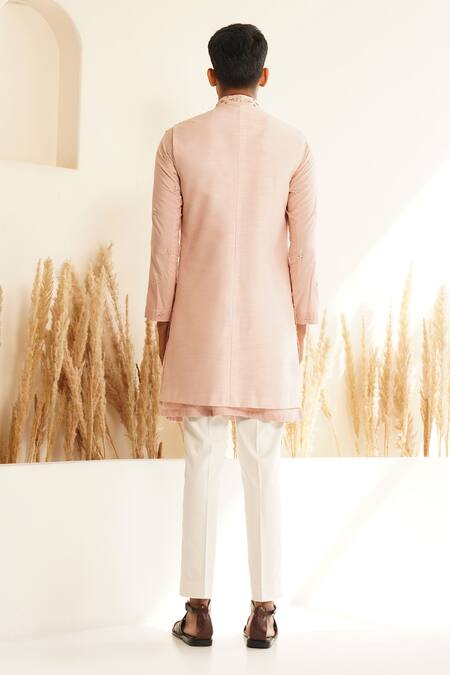 Shop Shreyansh Designs Pink Dupion Silk Embroidery Cutdana Geometric Bundi And Kurta Set at Aza Fashions Shop_Shreyansh Designs_Pink Dupion Silk Embroidery Cutdana Geometric Bundi And Kurta Set _at_Aza_Fashions